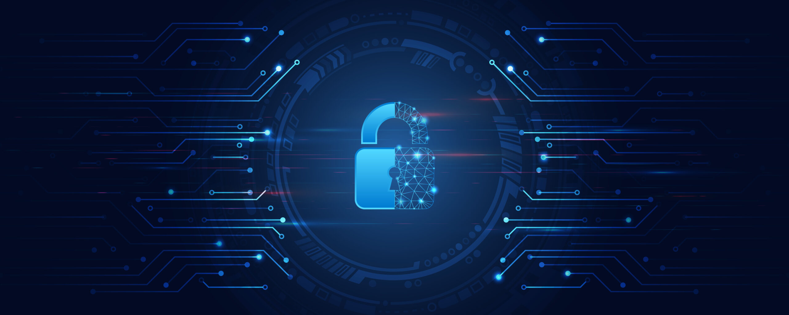 Cybersecurity for business and internet project. Vector illustration of data security services. Data protection, privacy, and internet security concept. Visualisierung eines Vorhängeschlosses auf dunklem Hintergrund