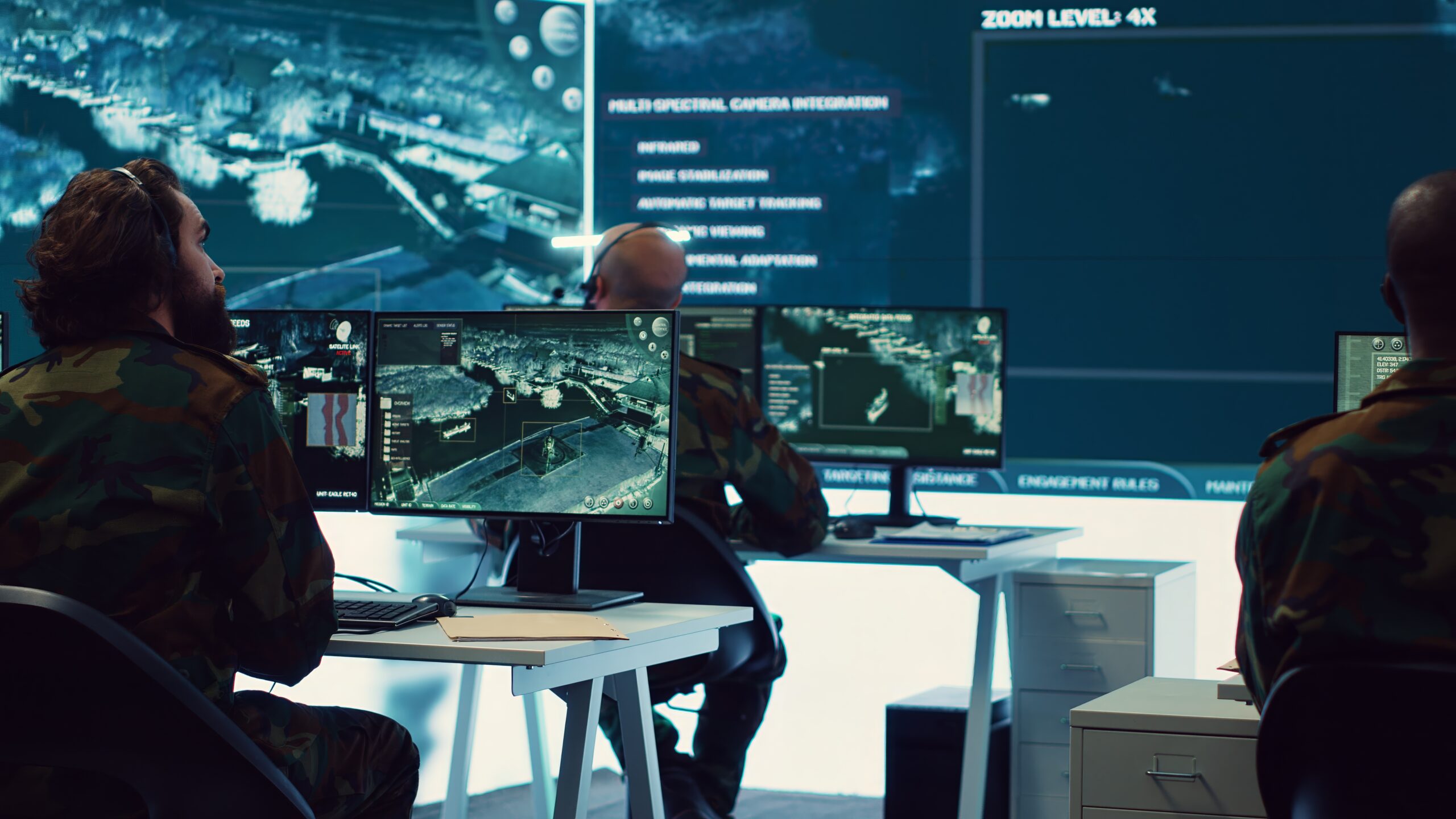 Militärischer Kontrollraum mit verschiedenen Arbeitsplätzen und Screens