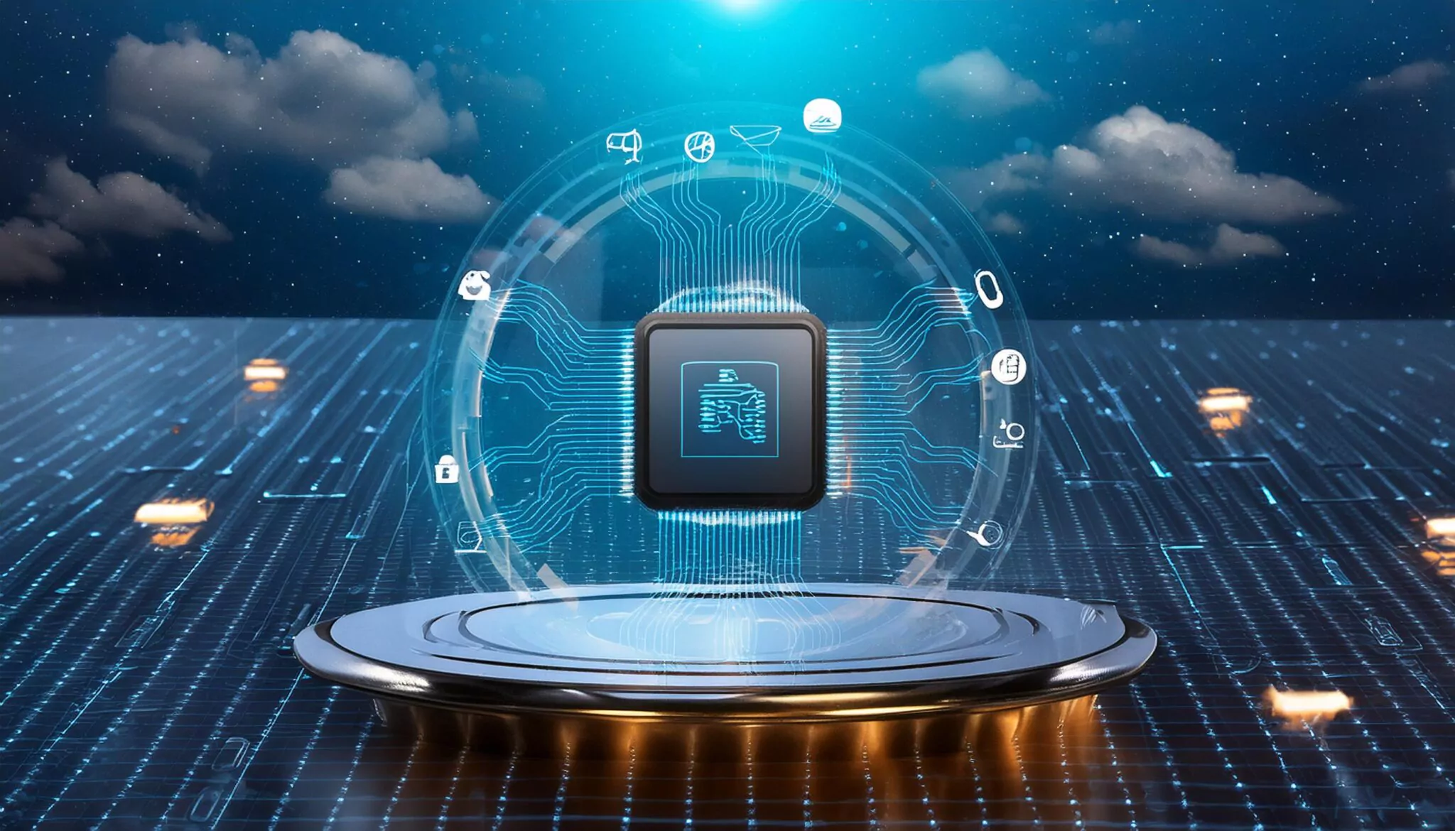 Eine moderne Darstellung eines Computerchips, der von virtuellen Symbolen für DORA umkreist wird