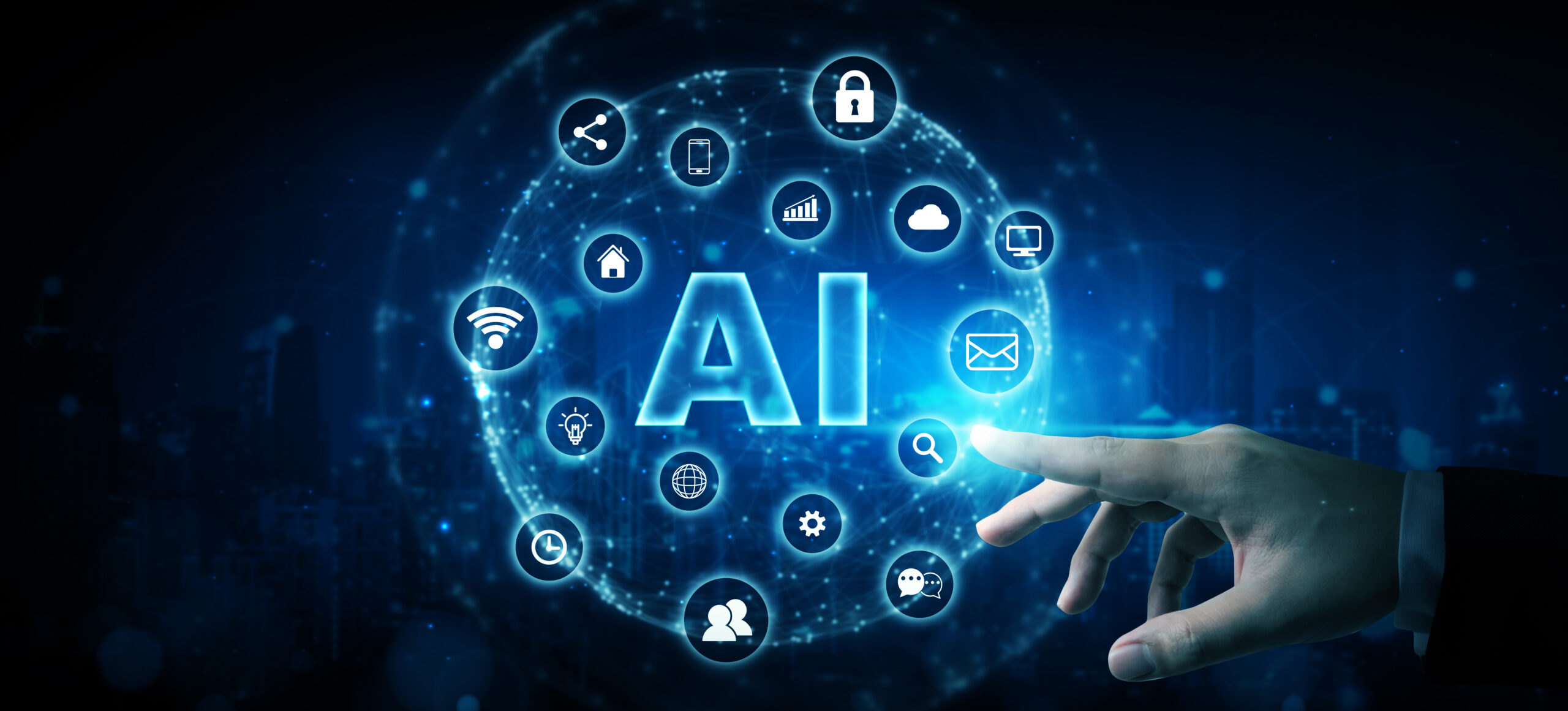 Virtuelle künstliche Intelligenz mit diversen technologischen Symbolen