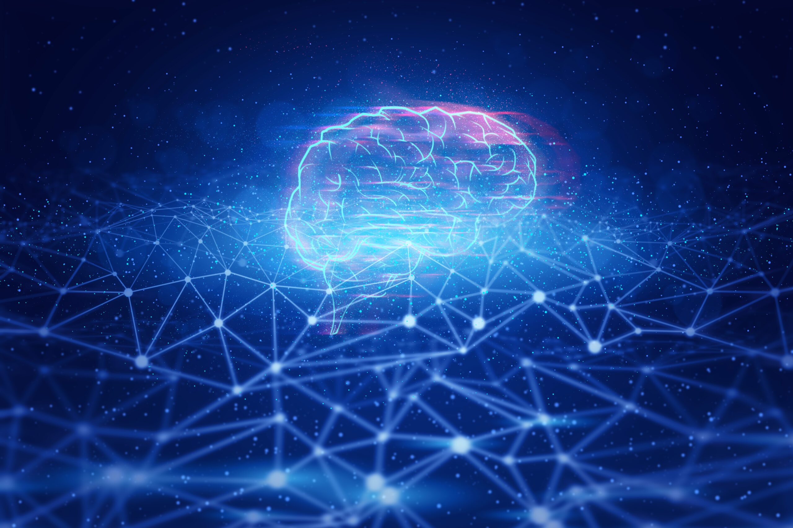plexus brain data deep learning ai technology robotic, molecule Visualisierung eines künstlichen Gehirns mit ausgehendem Netz